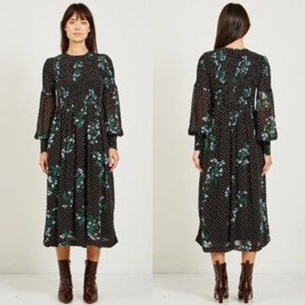 Ganni Rometty Georgette Black Floral Polka Dot Long Sleeve Midi Dress Size 38/6